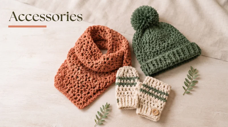 Handmade crochet accessories including bags and scarves