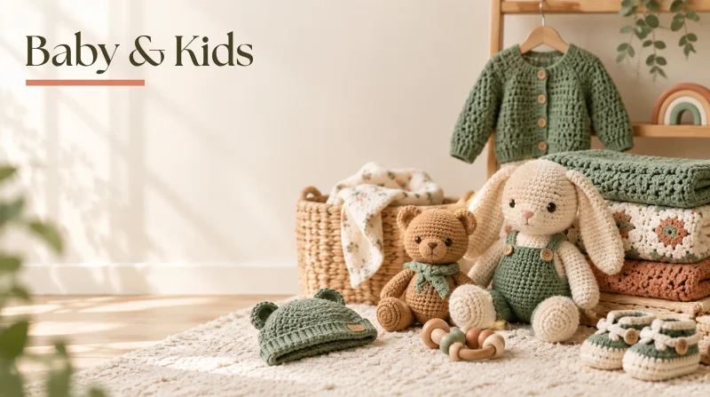 Handmade crochet baby blanket and children’s accessories
