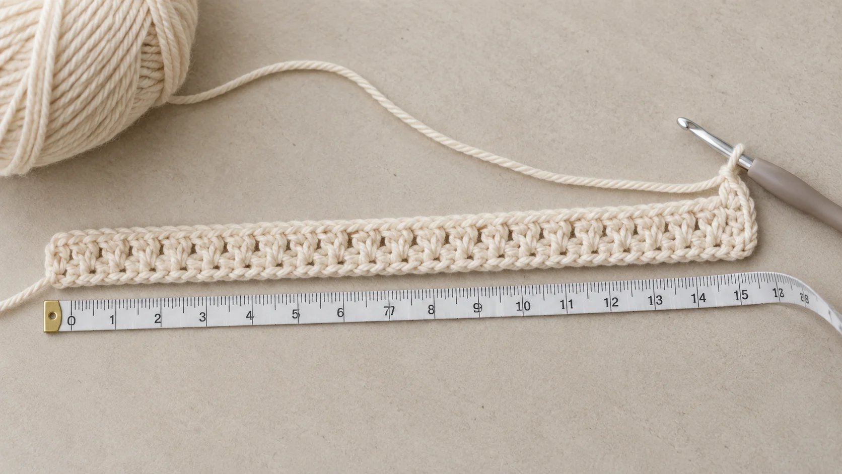 A crochet foundation chain and first row measured across the developing baby blanket width.