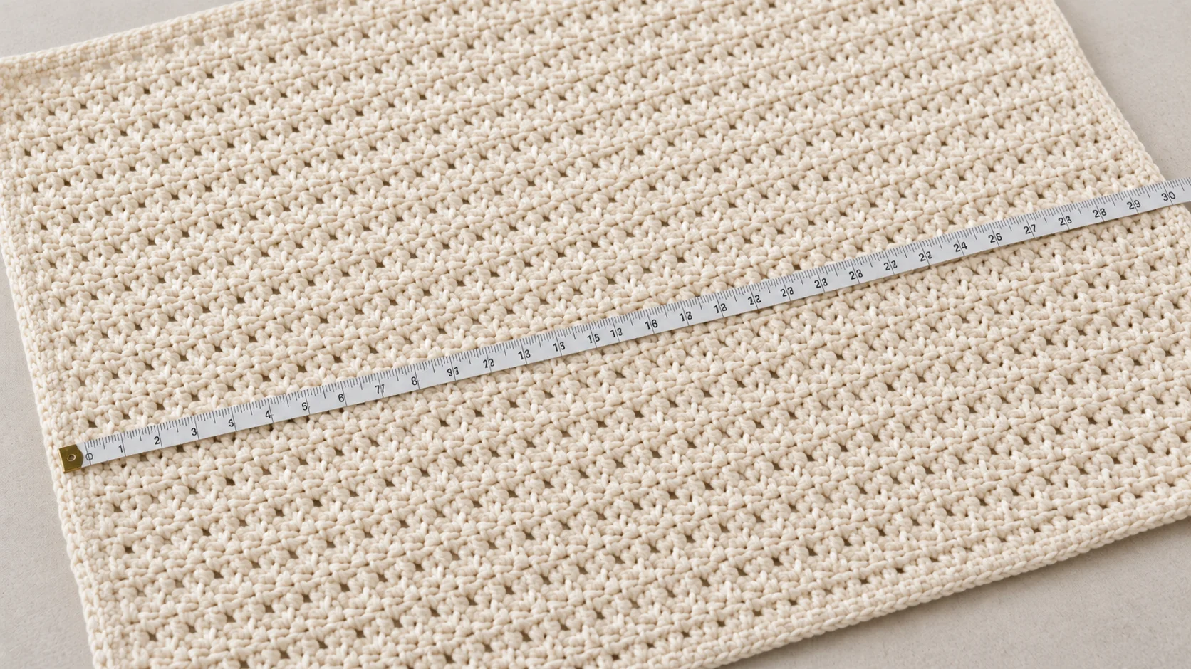 A crochet baby blanket measured across the center to check its width.