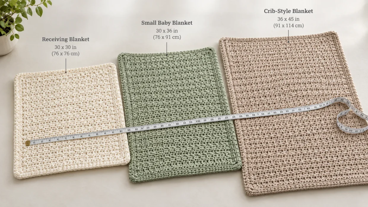 Several crochet baby blankets in different sizes arranged with a measuring tape for scale.