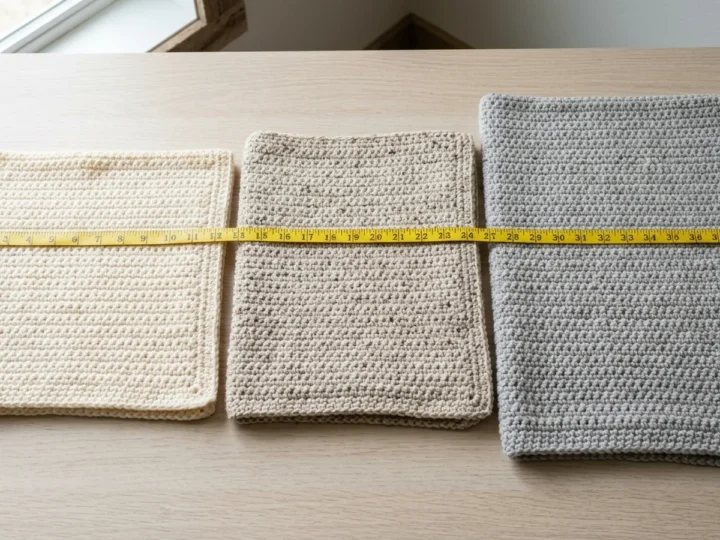 Several crochet baby blankets in different sizes arranged with a measuring tape for scale.