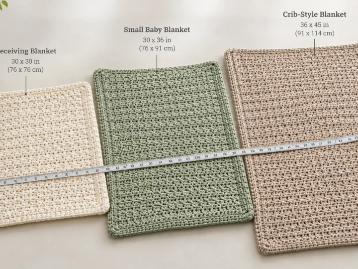 Several crochet baby blankets in different sizes arranged with a measuring tape for scale.