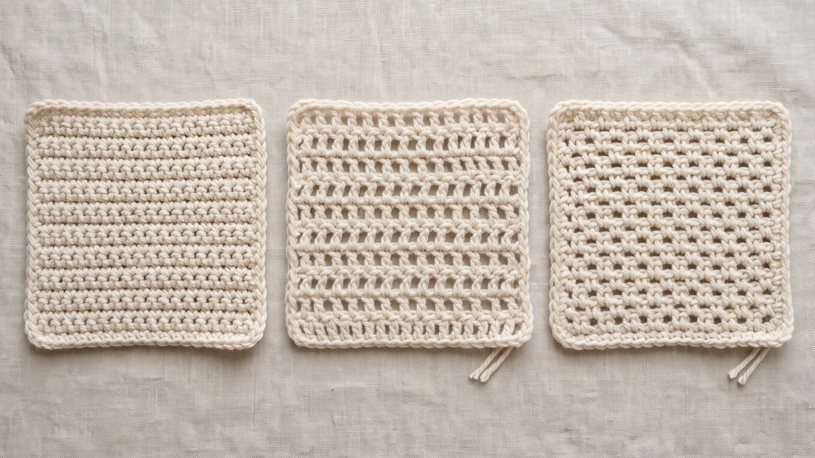 Three cream crochet swatches side by side: a dense single crochet swatch, a double crochet swatch with small chain gaps, and a moss stitch swatch with scattered small gaps.