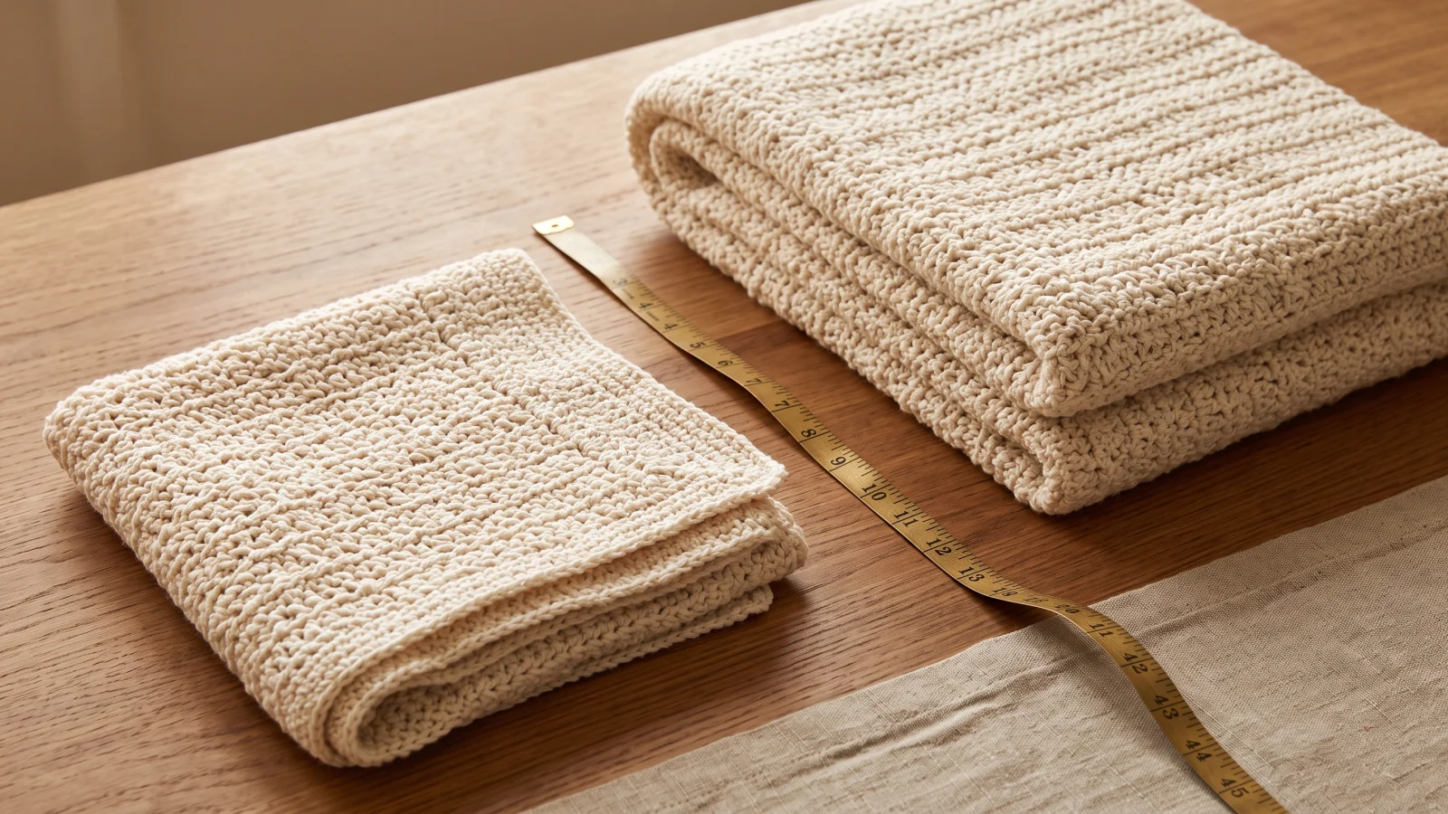 Two folded crochet pieces in the same cream yarn shown at different sizes, a smaller baby-blanket-sized square and a larger throw-sized rectangle, with a tape measure stretched between them.