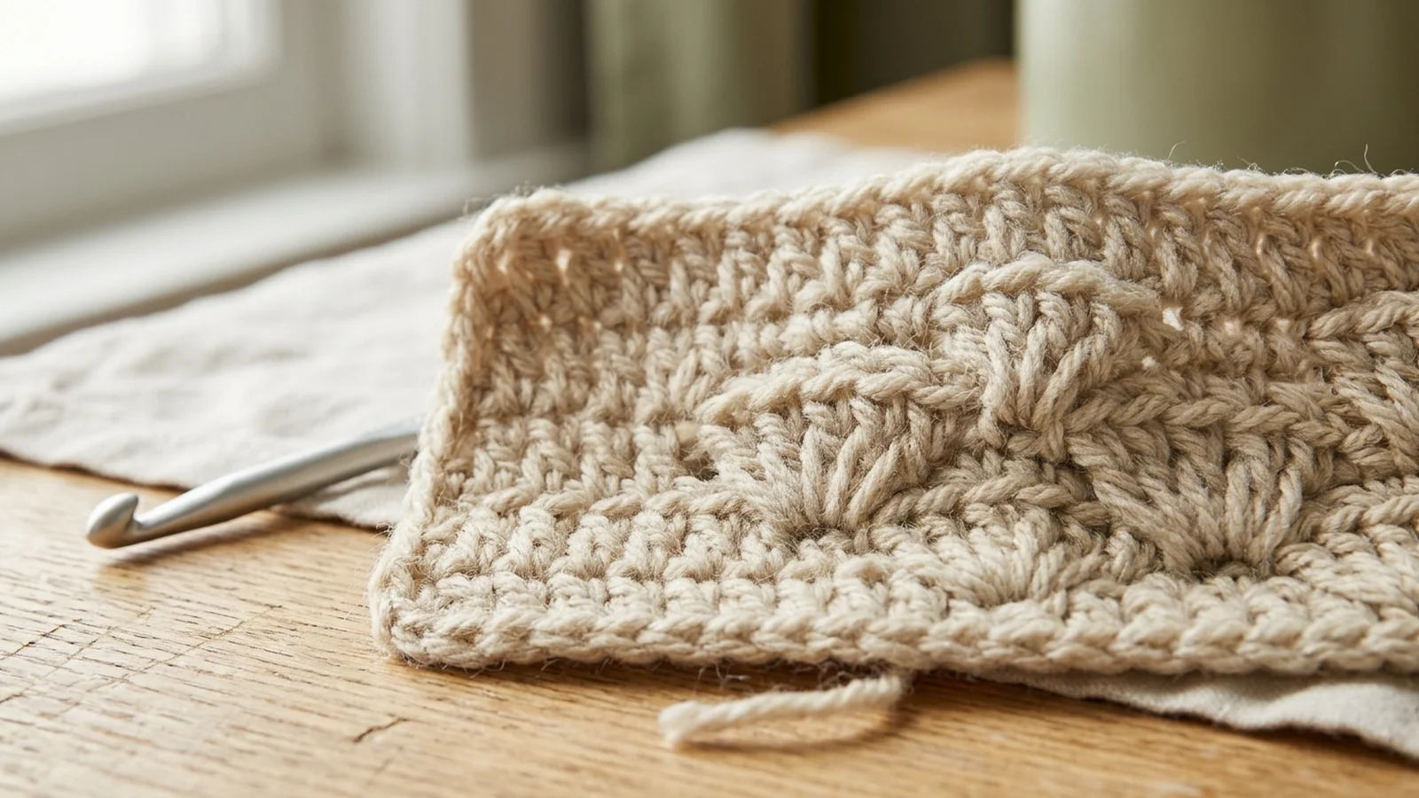Close-up of crochet fabric showing a single crochet with two double crochets worked into the same stitch, leaning over two skipped stitches.