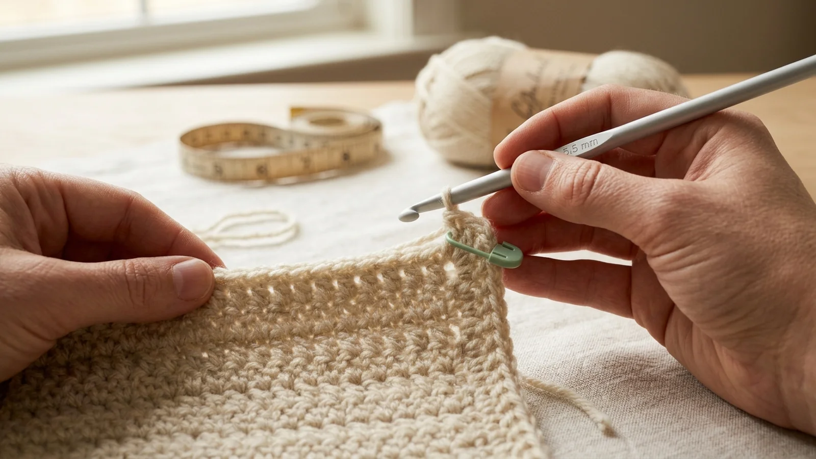 Close-up of a crochet row edge with a ch-2 beside a pair of double crochets, a stitch marker in the chain, and a hook about to insert.