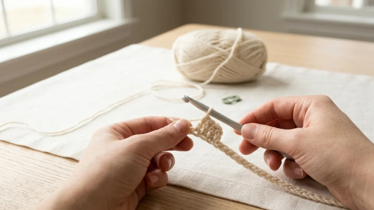 Crochet swatch in cream worsted yarn showing repeating single crochet and double crochet clusters, with a crochet hook resting on it.