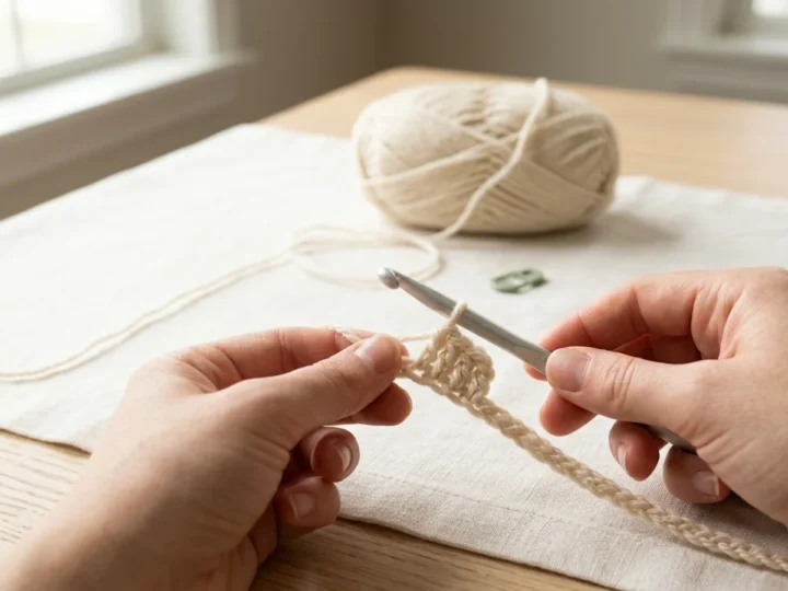 Crochet swatch in cream worsted yarn showing repeating single crochet and double crochet clusters, with a crochet hook resting on it.