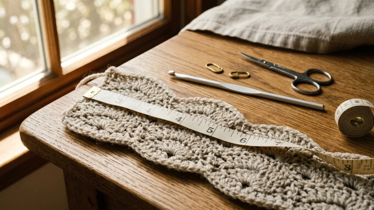 Six crochet swatches in the same oatmeal yarn showing different stitch textures, laid on a wooden table beside a hook.