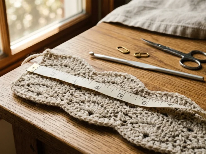 Six crochet swatches in the same oatmeal yarn showing different stitch textures, laid on a wooden table beside a hook.