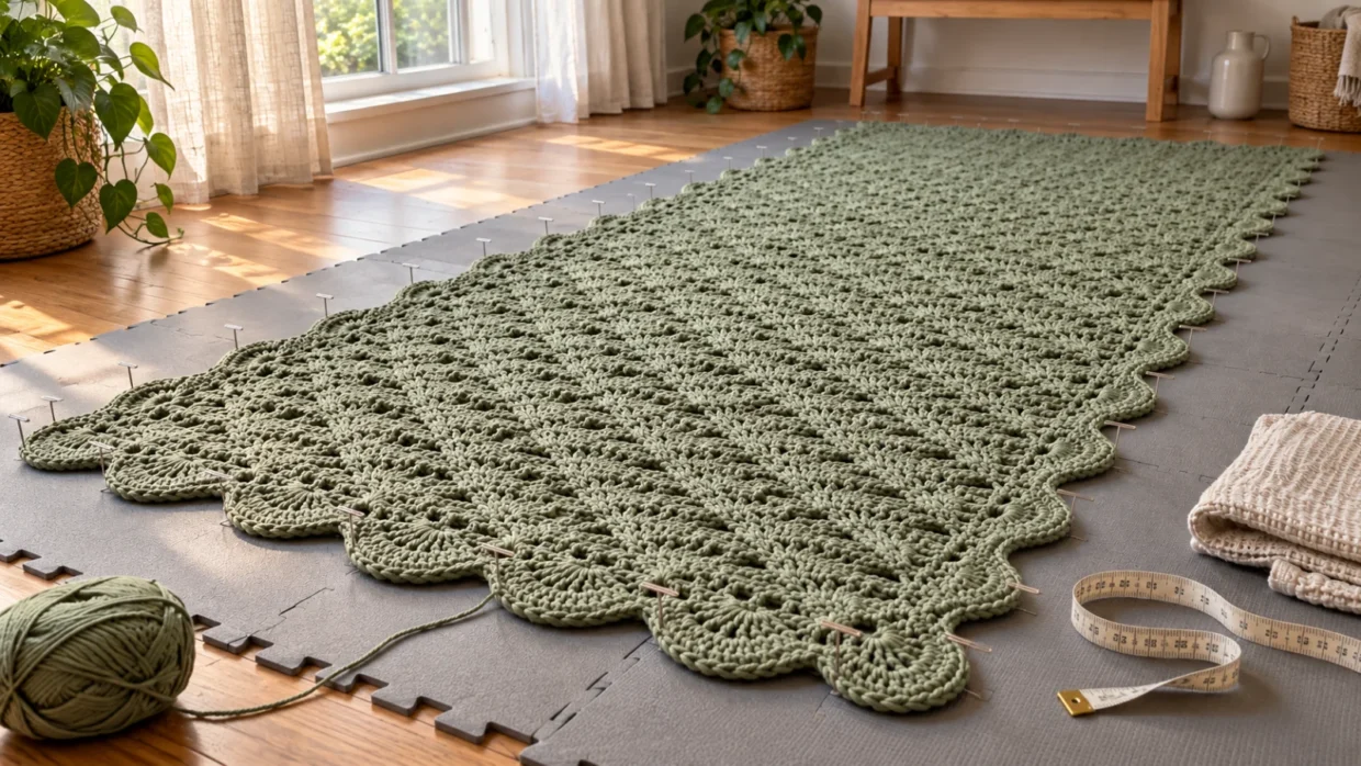 Sage-green crochet blanket with scalloped edges pinned out flat on gray foam mats beside a tape measure.