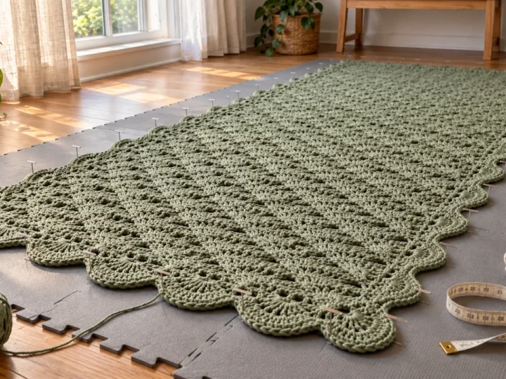 Sage-green crochet blanket with scalloped edges pinned out flat on gray foam mats beside a tape measure.
