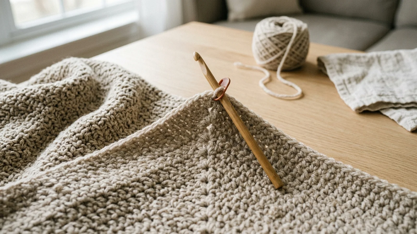 Corner of a half double crochet blanket with a single crochet border, three stitches worked into the corner and a marker in the corner stitch.