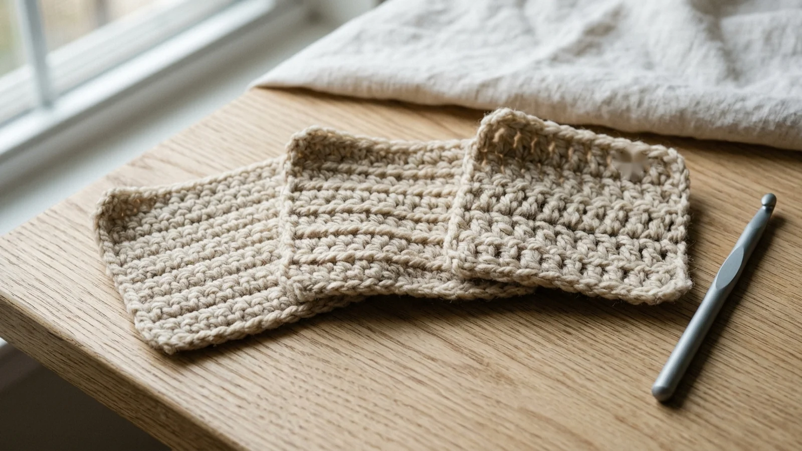 Close-up of a corner of an oatmeal chunky blanket edged with single crochet, with three stitches worked into the corner.