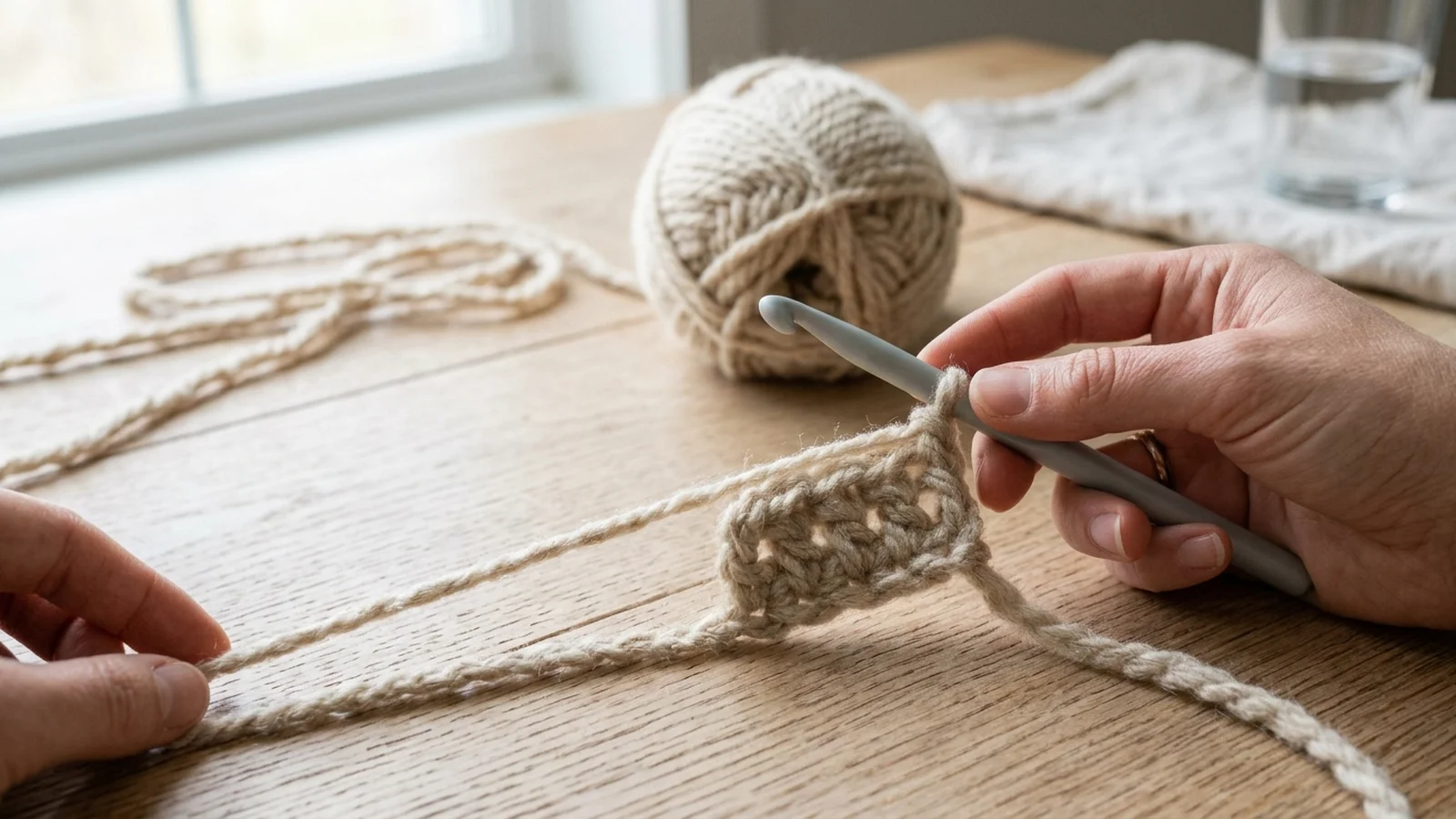 Hands working the first half double crochet stitches of Row 1 into a long chunky oatmeal foundation chain with an 8 mm hook.