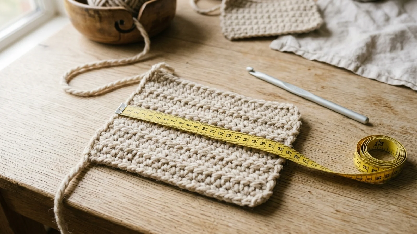 A chunky oatmeal half double crochet swatch on an oak table with a measuring tape laid across the center and an 8 mm hook beside it.