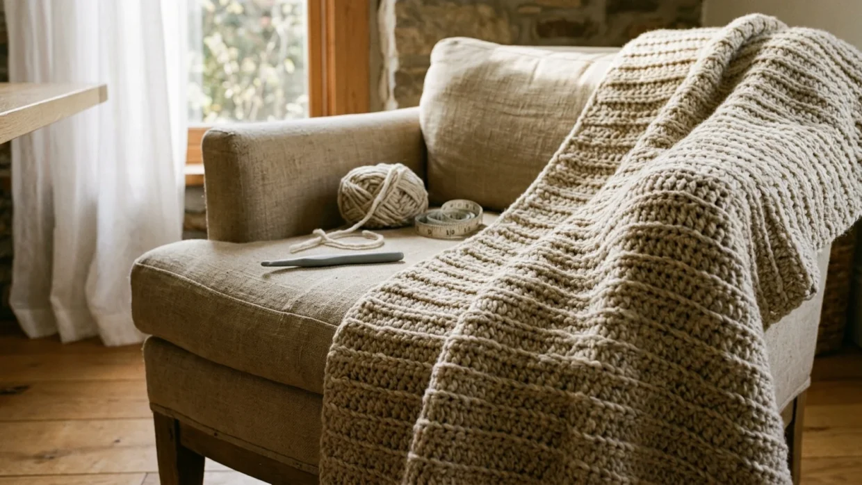 Oatmeal-colored chunky half double crochet blanket draped over the arm of a linen armchair with one corner falling toward the viewer.