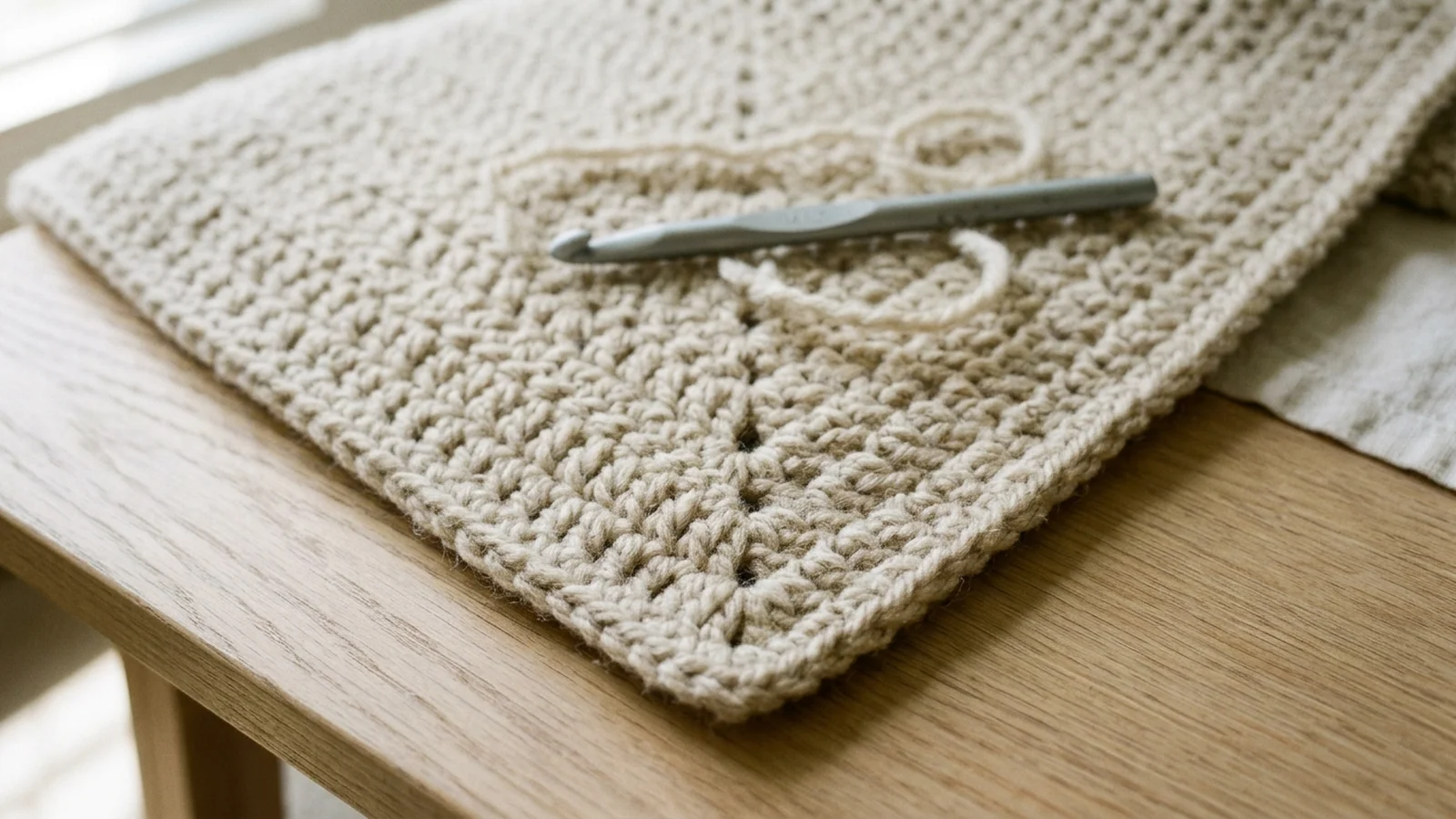Three chunky oatmeal swatches side by side in single crochet, half double crochet, and double crochet, showing differences in row height and openness.