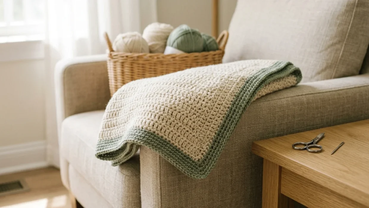 A cream crochet blanket with a narrow sage green border folded over the arm of a linen chair beside a sunny window.