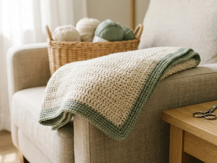 A cream crochet blanket with a narrow sage green border folded over the arm of a linen chair beside a sunny window.