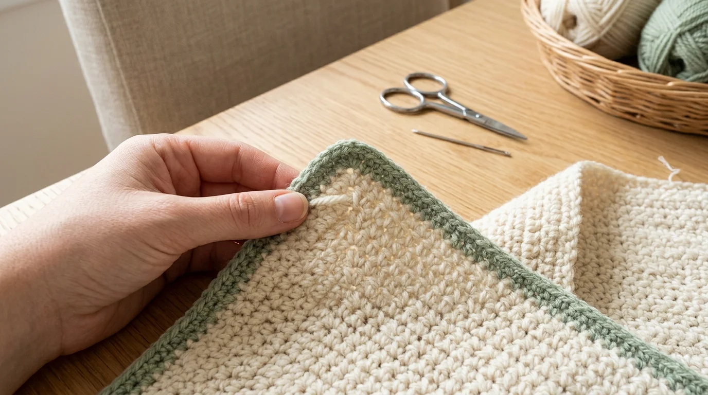 Two cream crochet swatches side by side on a wooden table, one dense and one open mesh, with a hand gently stretching the mesh swatch.