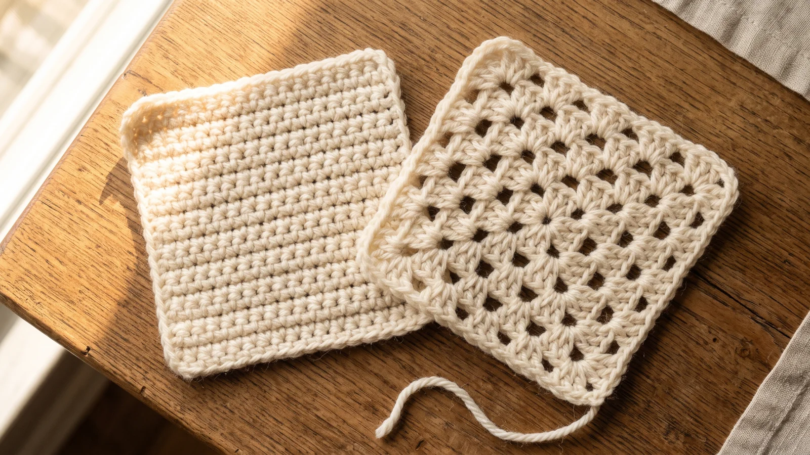 Two small crochet swatches in the same cream yarn side by side, one worked in a dense solid stitch and the other in an open, lacy shell stitch with visible gaps between stitches.