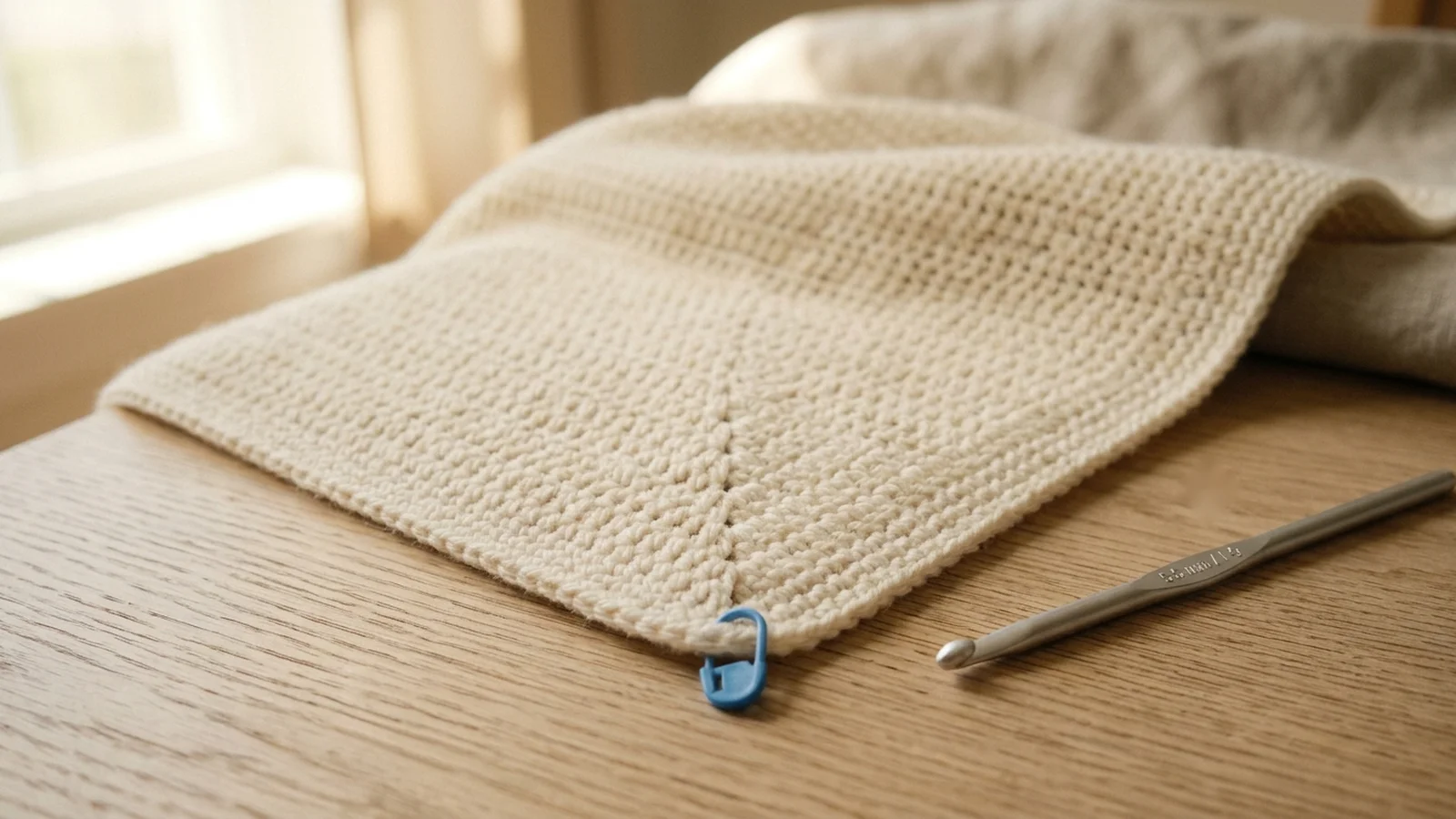 A corner of a cream crocheted blanket with a two-round single crochet border and a stitch marker in the middle stitch of the corner.