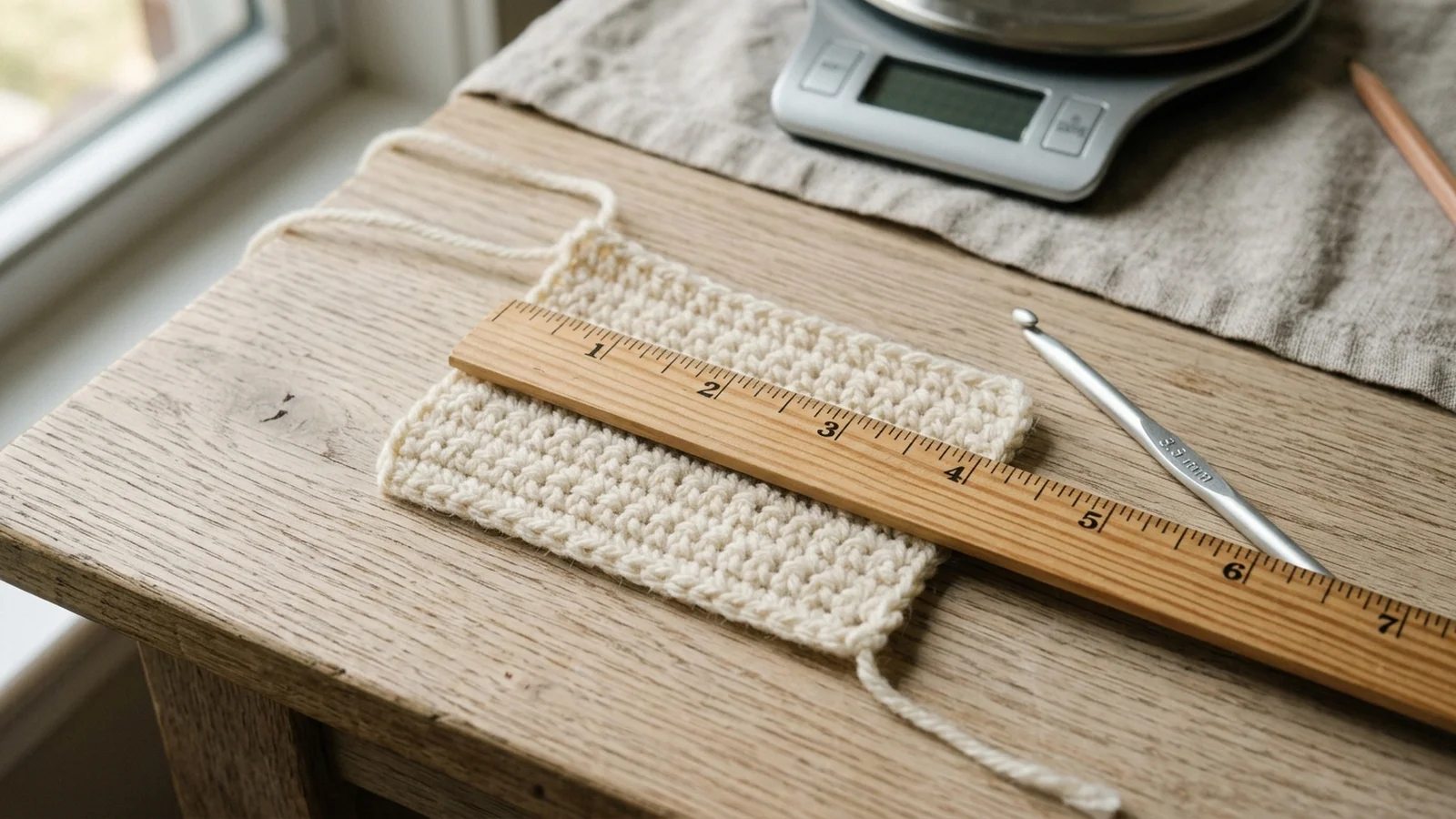 A small cream half double crochet swatch lying flat with a ruler across its center to measure four inches, next to a crochet hook and a kitchen scale.