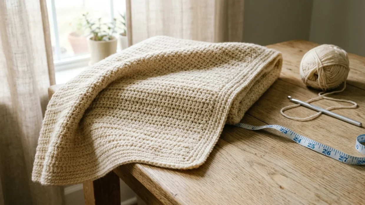 A finished cream crocheted baby blanket in half double crochet with a simple border, folded on a wooden table beside a ball of yarn and a crochet hook.