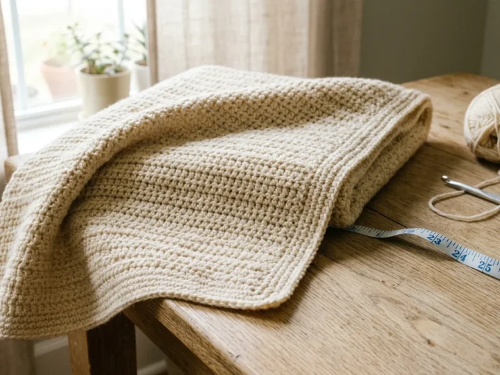 A finished cream crocheted baby blanket in half double crochet with a simple border, folded on a wooden table beside a ball of yarn and a crochet hook.