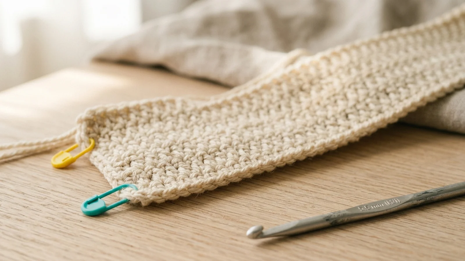 Close-up of the edge of a cream half double crochet piece showing the small chain-2 post at the edge and the first V-shaped stitch just inside it.