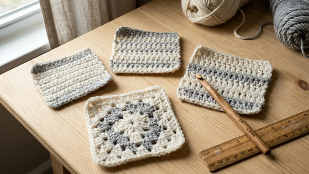 Several crochet blanket swatches in cream and heather-gray yarn, worked in different stitch heights, arranged together on a wooden table.