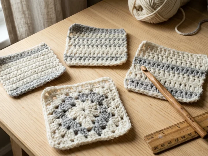 Several crochet blanket swatches in cream and heather-gray yarn, worked in different stitch heights, arranged together on a wooden table.