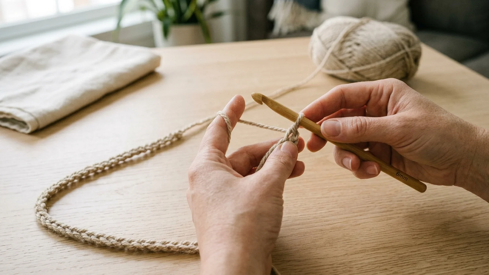 Hands working the first half double crochet of Row 1 into the third chain from the hook of an oatmeal yarn foundation chain.