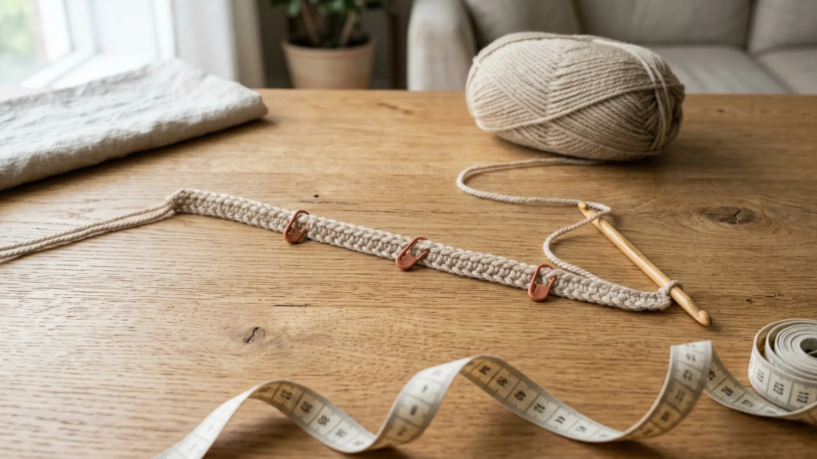 Long foundation chain in oatmeal worsted yarn on an oak table with terracotta stitch markers clipped at regular intervals and a bamboo hook in the last loop.
