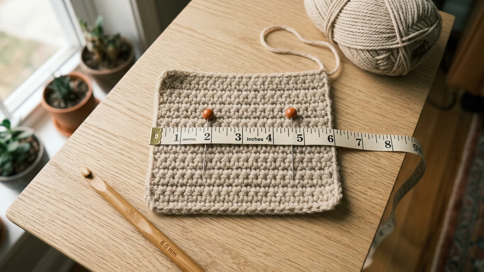 Small half double crochet swatch in oatmeal worsted yarn with a measuring tape across the middle and two pins marking 4 inches.