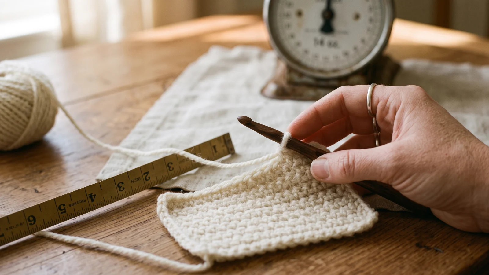 A hand holding a crochet hook mid-stitch on a small cream swatch, with a tape measure laid alongside it and a kitchen scale visible slightly out of focus in the background.