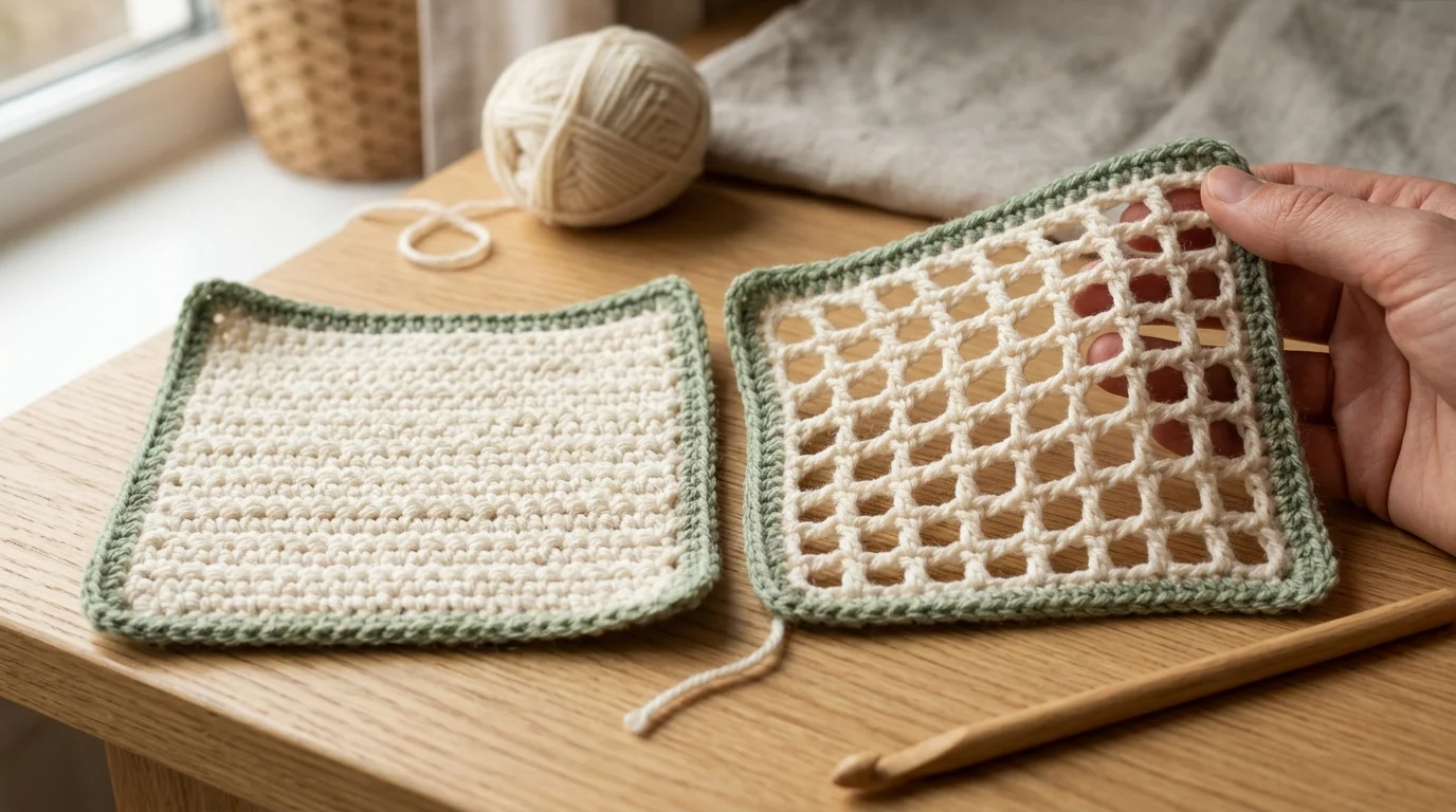 Fingers gently tugging a woven-in cream yarn end at the sage green border corner of a crochet blanket on a wooden table.