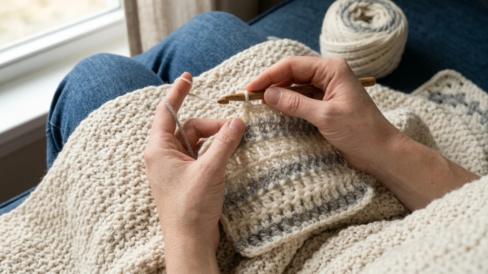 Close-up of hands working a granny-stripe style crochet swatch, showing clusters of double crochet stitches separated by open chain spaces.