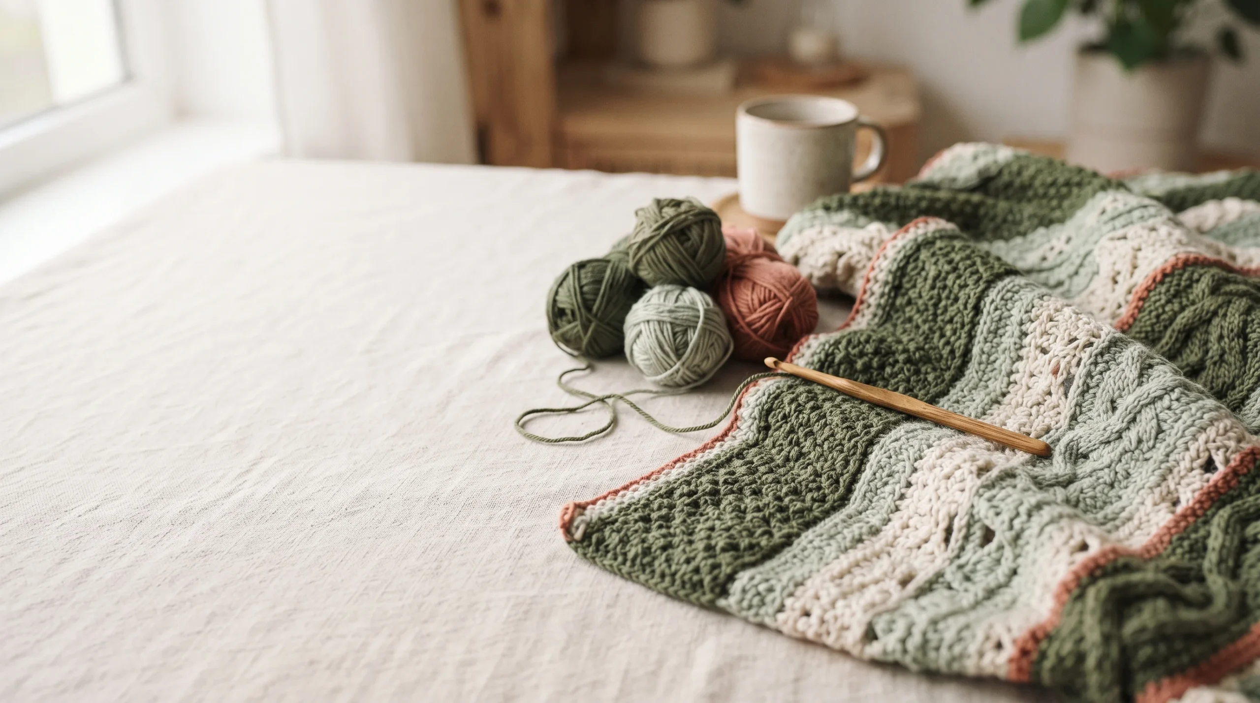 Free crochet patterns: olive and terracotta crochet blanket with yarn balls and a hook