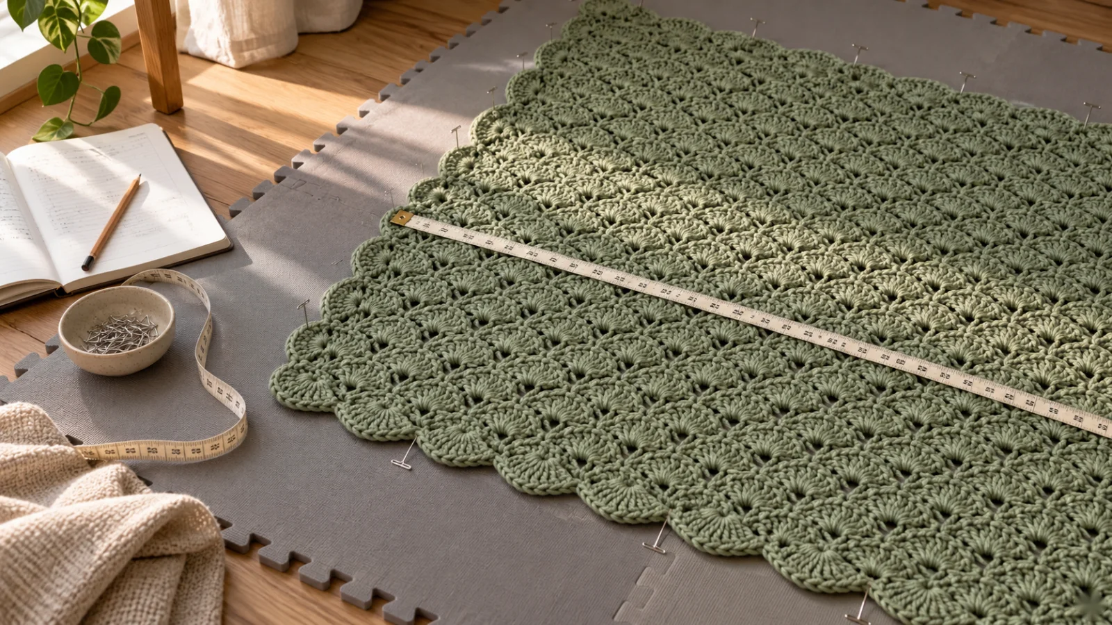 A tape measure stretched across the width of a flat sage-green crochet blanket on a foam mat, with a notebook nearby.