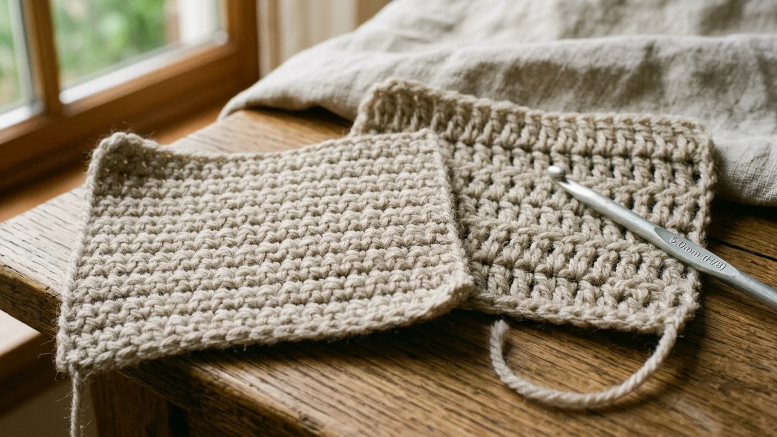 A shell stitch swatch in oatmeal yarn with a measuring tape laid across one shell repeat.
