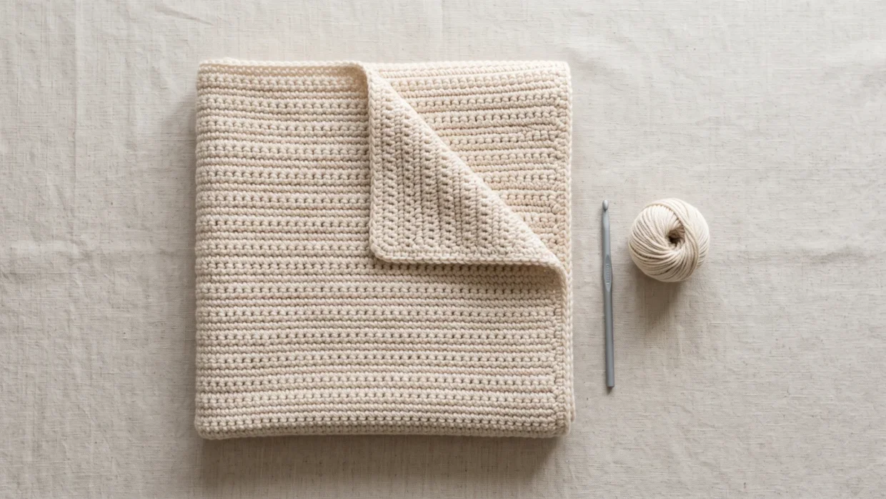 Cream single crochet baby blanket folded on a linen surface beside a ball of matching yarn and a crochet hook.
