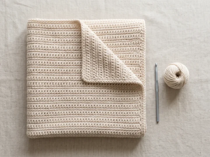 Cream single crochet baby blanket folded on a linen surface beside a ball of matching yarn and a crochet hook.