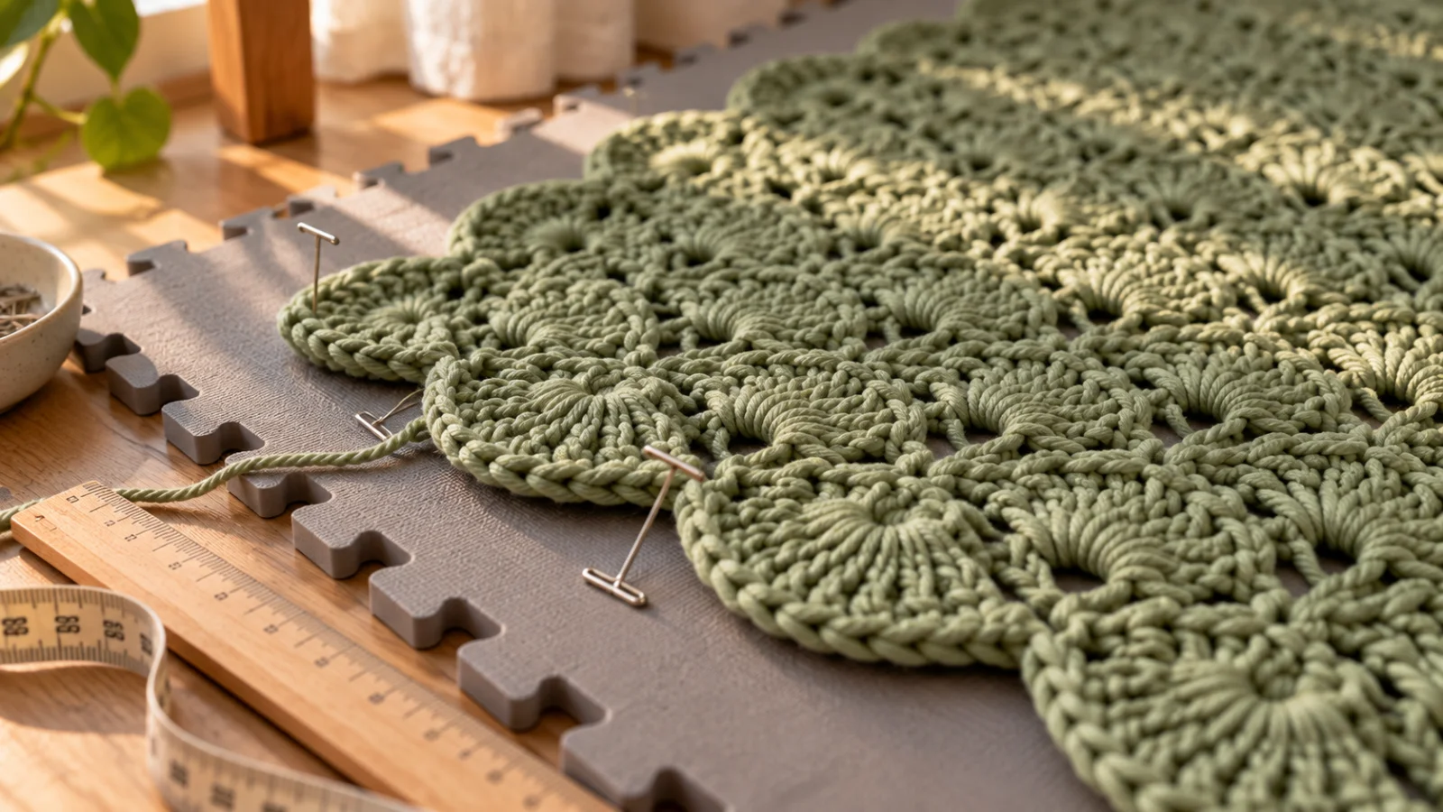 Close-up of a stainless steel T-pin set at a scallop point on the edge of a sage-green crochet blanket on a foam mat.