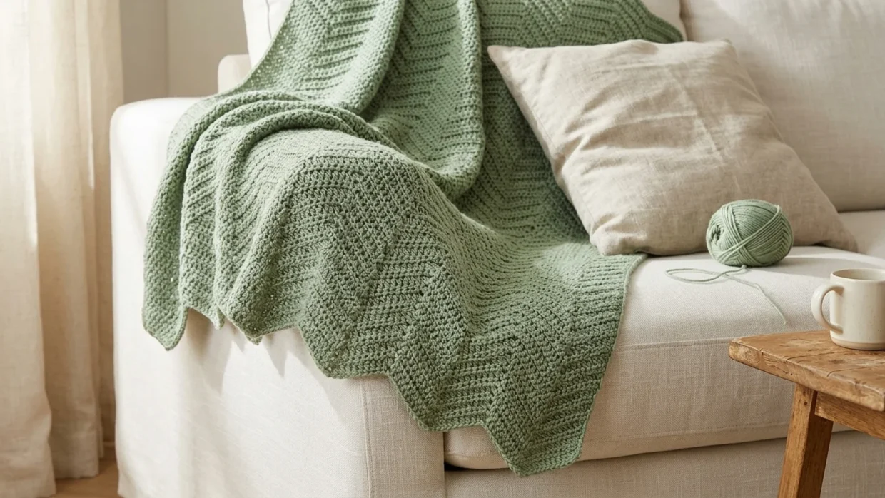 A sage green crochet ripple blanket draped over the arm of a sofa, showing the zig-zag edge with evenly stacked peaks and valleys.
