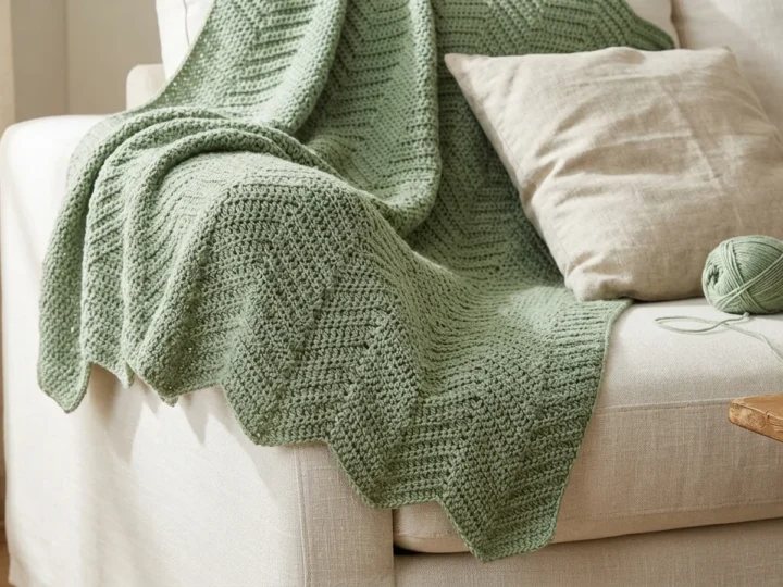 A sage green crochet ripple blanket draped over the arm of a sofa, showing the zig-zag edge with evenly stacked peaks and valleys.