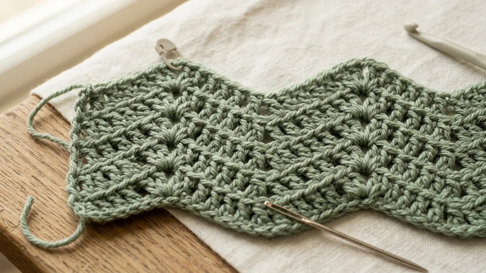 A crochet hook holding three loops mid-decrease above a row of sage green double crochet stitches, held in a right hand with the yarn tensioned over the left index finger.