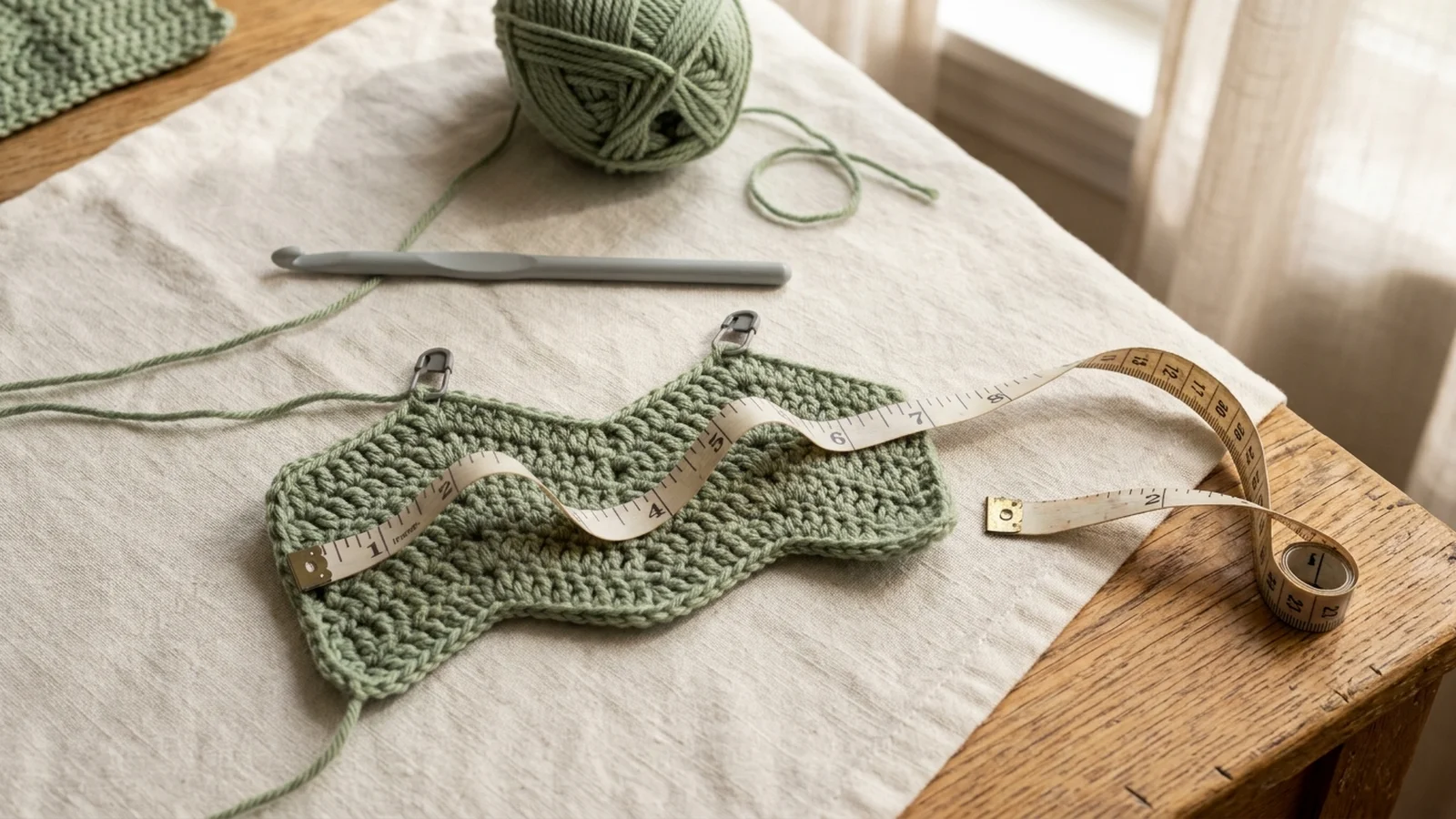 A long sage green foundation chain laid in a loose curve on an oak table with stitch markers clipped at regular intervals and a crochet hook resting beside it.